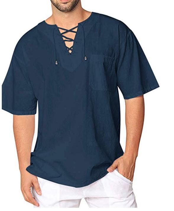 Men's Summer Comfortable Short Sleeve Linen T-Shirt Fashion Casual Solid Loose Fit Lace Up Top
