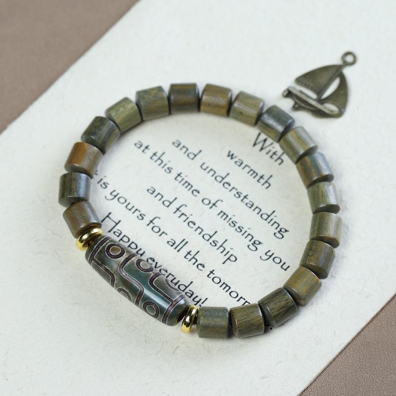 Green Sandalwood Barrel Bead Bracelet with Aventurine Dzi Bead - Unisex Wooden Single-Loop Buddhist Jewelry.