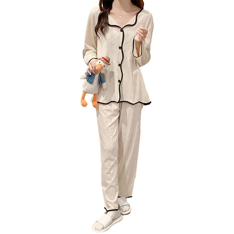 [MEME XTRA] Pajamas Ladies Front Opening Top and Bottom Set Room Wear Room Wear Thin Plain Color Sweat Absorption Ventilation Long Pants Sleeping