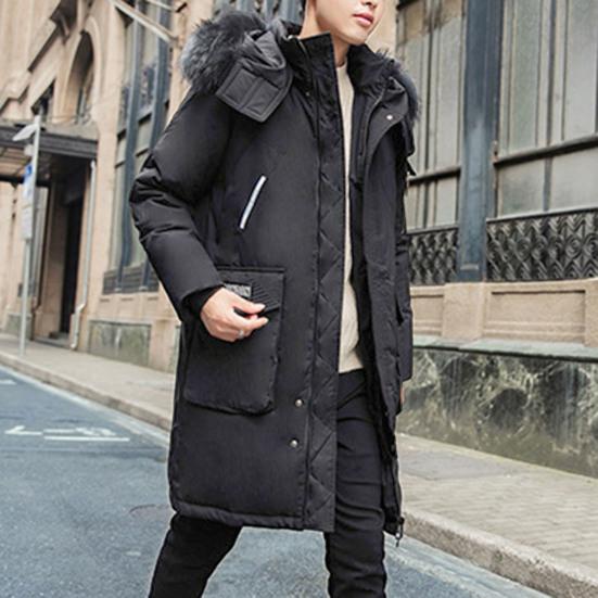 Men Down Jacket Fur Collar Hooded Long Sleeve Solid Color Winter Coat Zipper Placket
