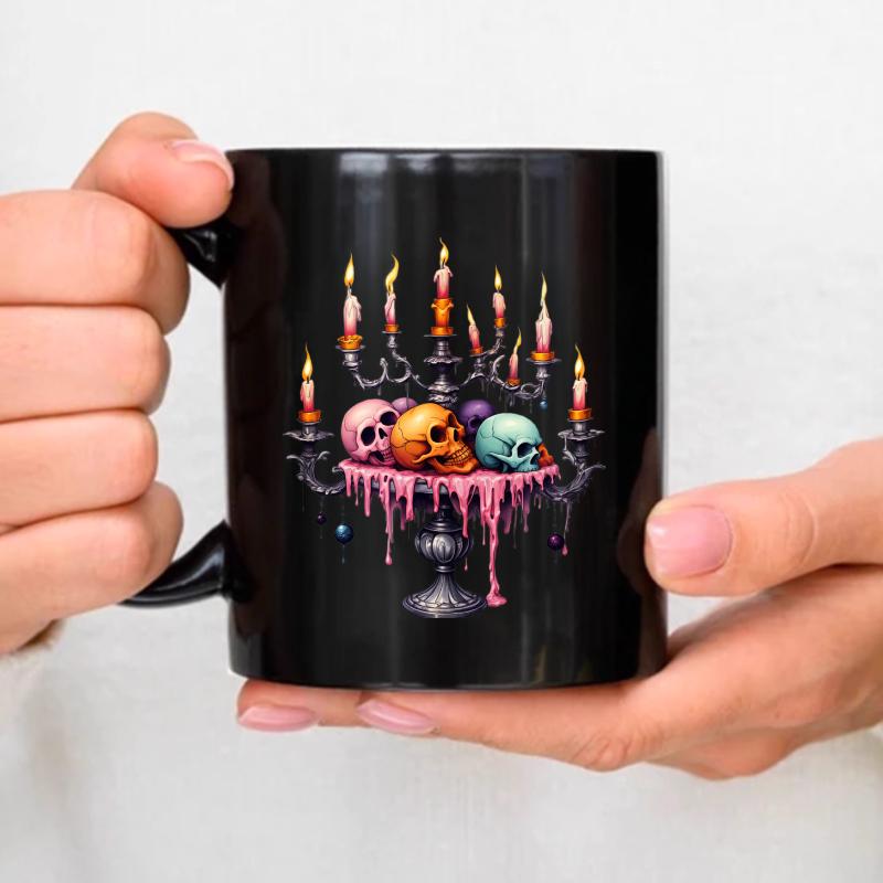 Black coffee mug with colorful skulls and candle patterns, perfect for Halloween parties and Gothic decorations