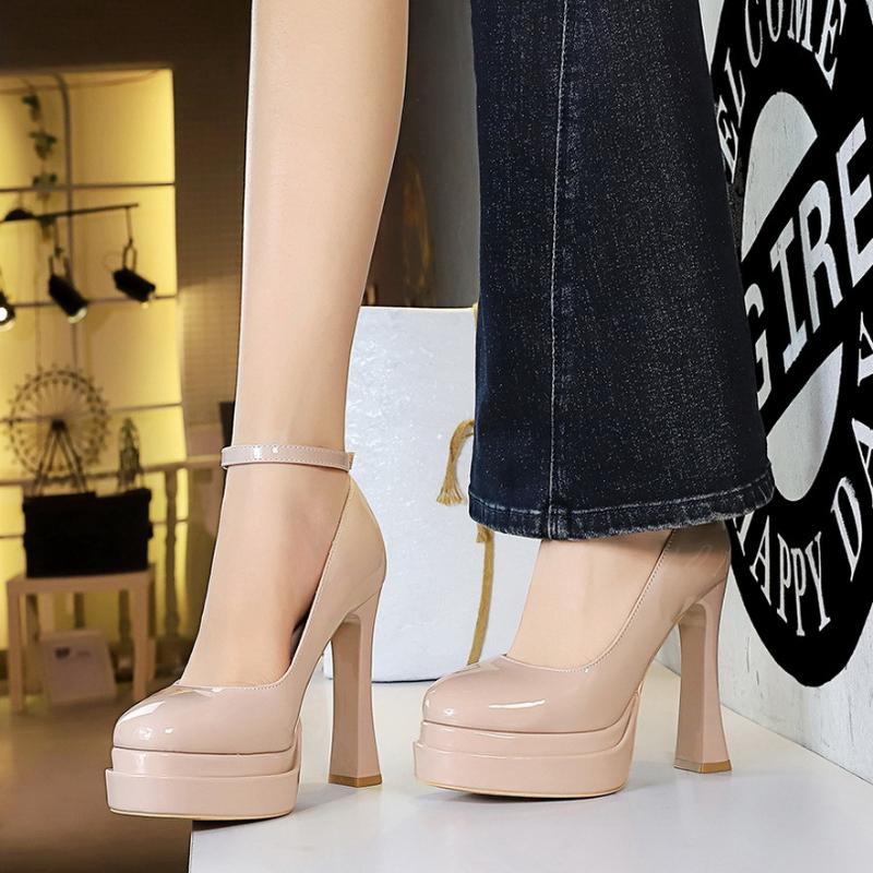 

Модные туфли-лодочки с круглым носком для женщин на высоком каблуке, двухслойная водонепроницаемая платформа, лакированная кожа, ремешок одинарной длины, открытый вырез 35