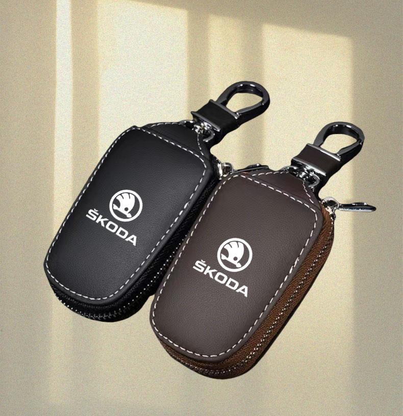 ERQY8 Leather Car Key Case Cover for Skoda Superb A7 Kodiaq Octavia A8 2021 Leather Shell Fob Holder Keyless Accessories