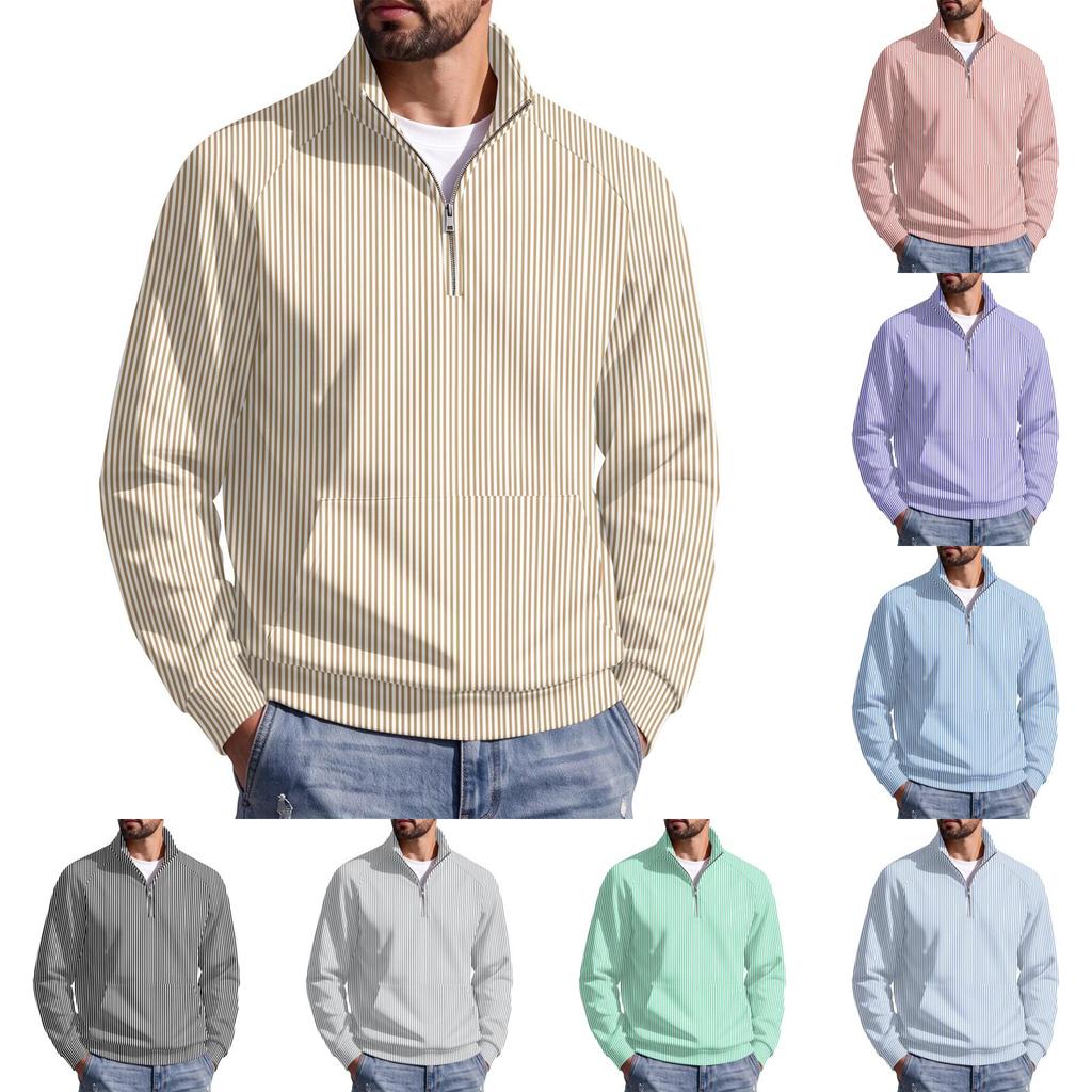 Herren Pullover mit vertikalem Streifenprint, Reißverschluss und Stehkragen, Lässiges Falten- Sportoberteil für Herbst Winter