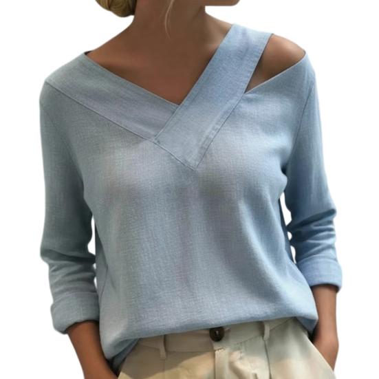 

Women T-shirt V-Neck Off Shoulder Long Sleeve Pullover Tops Pure Color Loose Fit Summer Casual Shirt Daily XXXL светло-синий