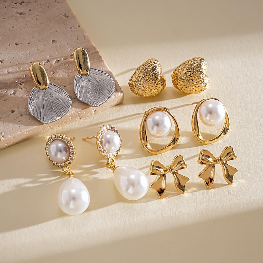 5Pairs/set Pearl Earring Set Women Metal Wrinkled Heart Water Drop Earrings Vintage Fashion for Multi Occasion Aesthetic Jewelry
