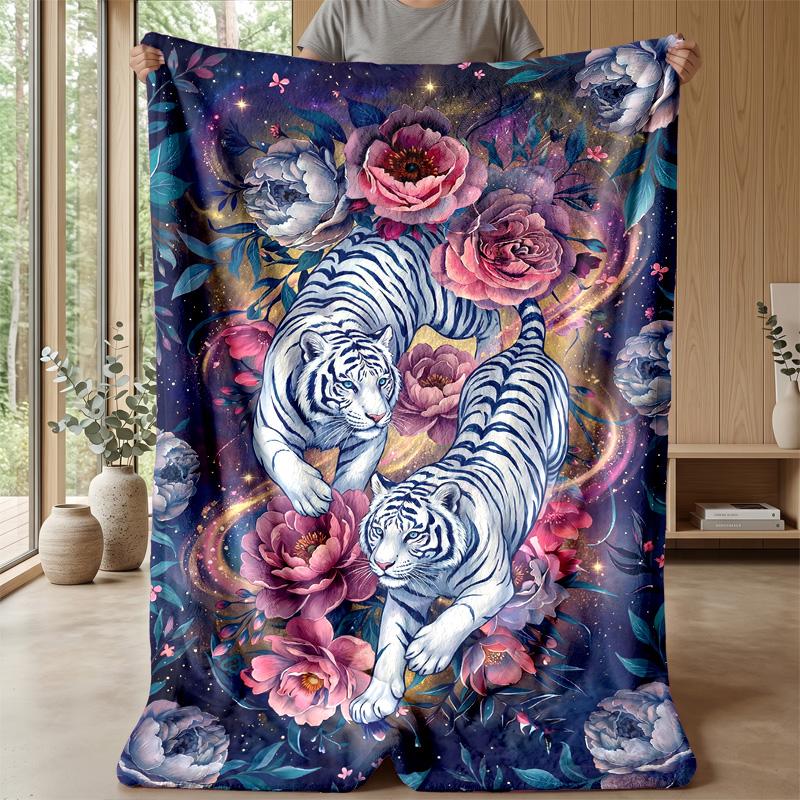 Tiger and Floral Fantasy Theme blanket Lightweight Warm Flannel Blanket Decorative Throw Blanket for Home Decoration