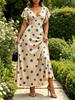 Women's Beige V Neck Maxi Dress with Polka Dot Striped Print Flare Sleeve Casual Party Dress for Summer
