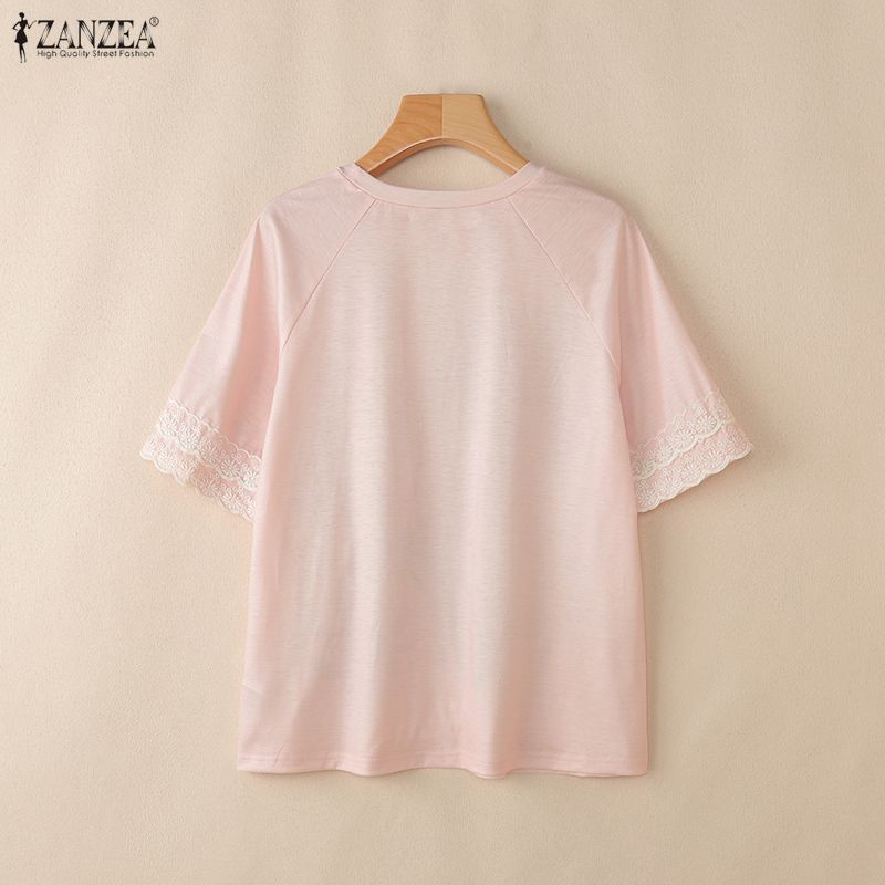 ZANZEA Women Casual Round Neck Floral Print Loose Lace Splice Short Sleeve Blouse