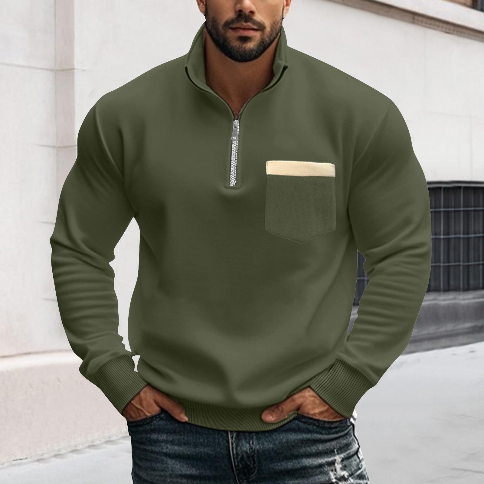 

Мужской пуловер с воротником-стойкой, на флисовой подкладке, повседневный, зимний, осенний, однотонный свитшот с карманом M