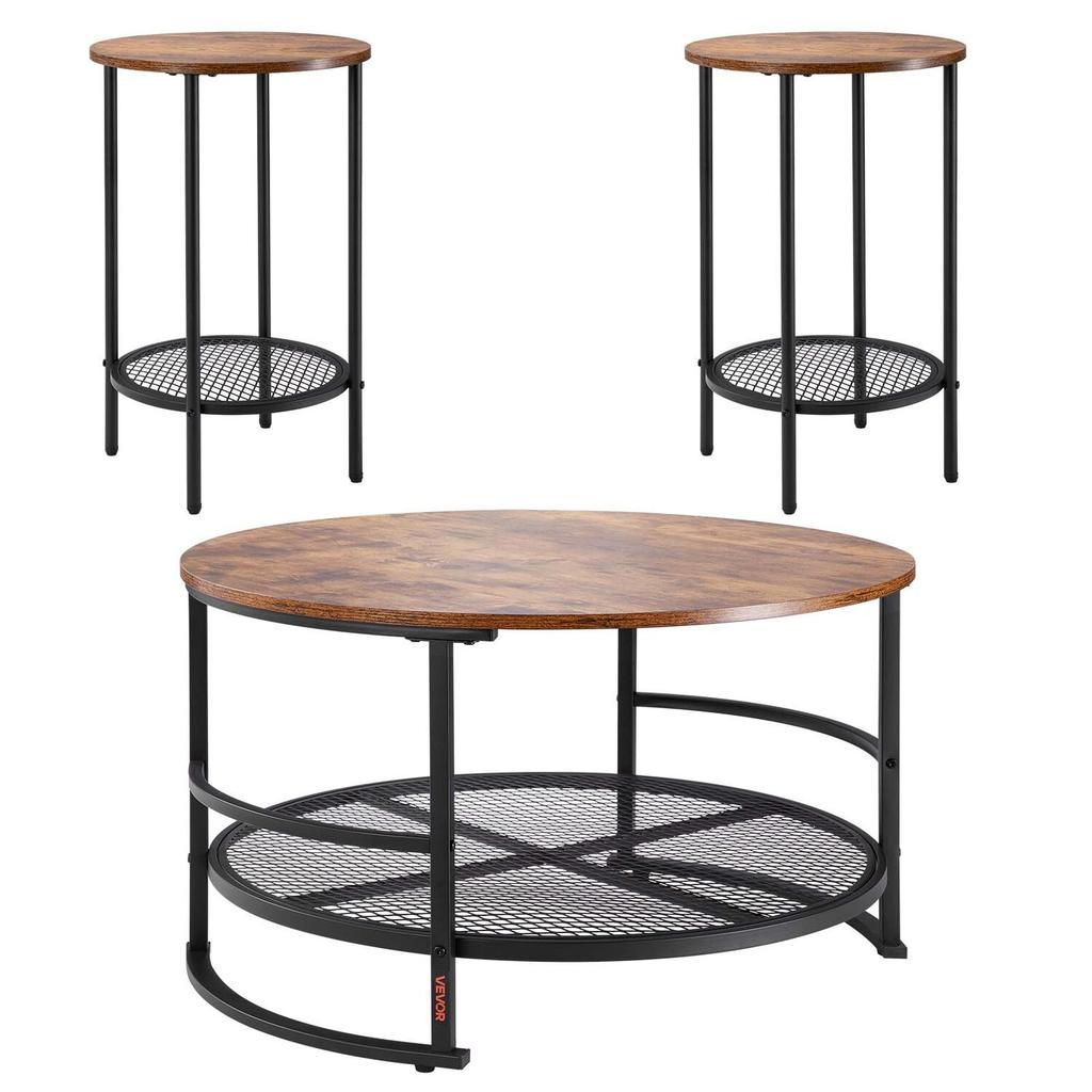 3 Pieces Round Coffee Table Sets, 80 cm Industrial Living Room Table with 2 End Side Tables, Easy Assembly Coffee and End Tables Sets with Metal Legs,