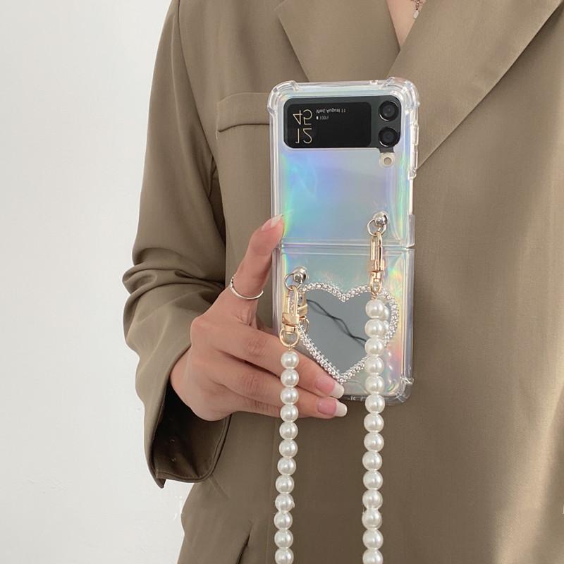 Dlouhý perlový crossbody řetízek skládací pouzdro na telefon pro Samsung Galaxy Zflip 3 5g laserový kryt pro Galaxy Zflip Zflip4 Funda Etui