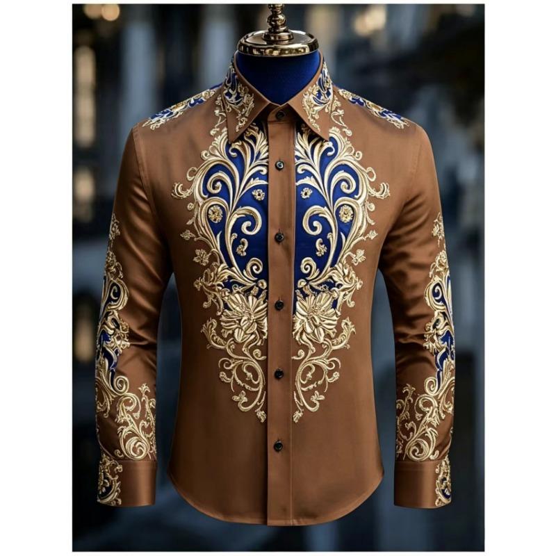 Men's Luxury Long Sleeved Shirt, Baroque Gold Floral 3D Printed Shirt, Casual and Comfortable, Men's Formal Dress Shirt