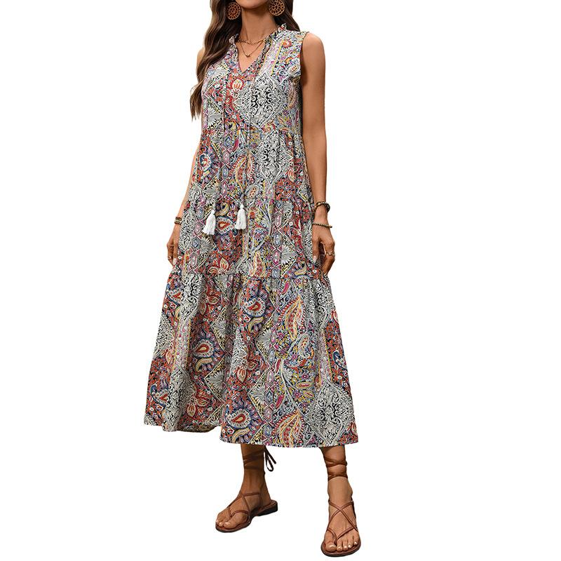 Spring and summer new retro ethnic holiday dress, hot sale in Europe and America, sleeveless loose printing dress