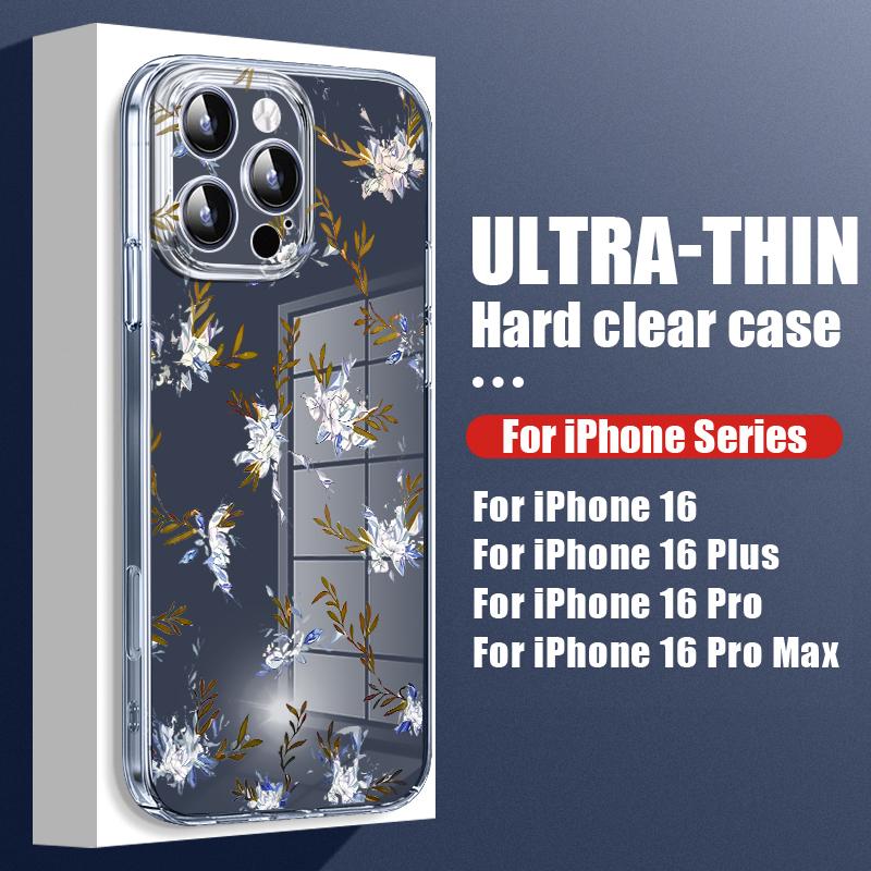 For iPhone 16 Plus 15 14 Pro 12 13 Pro Max 11 Shockproof Color Rose Flower Pattern Hard Pc Transparent Slim Lens Protection Phone Case Cover