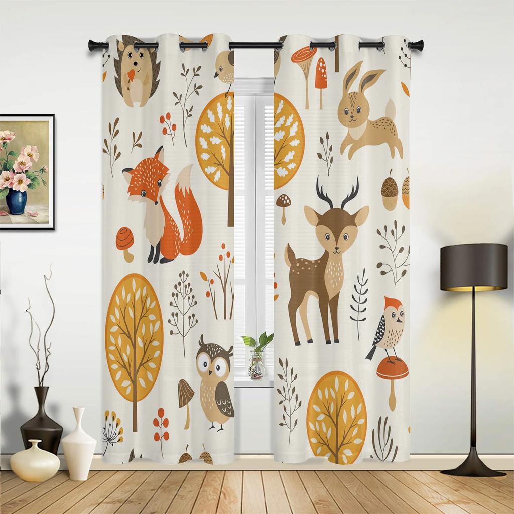 Animal Bird Fox Forest Winter Birch Tree Window Curtains Home Decor Living Room Curtains Kid's Room Cortinas For Kitchen Bedroom