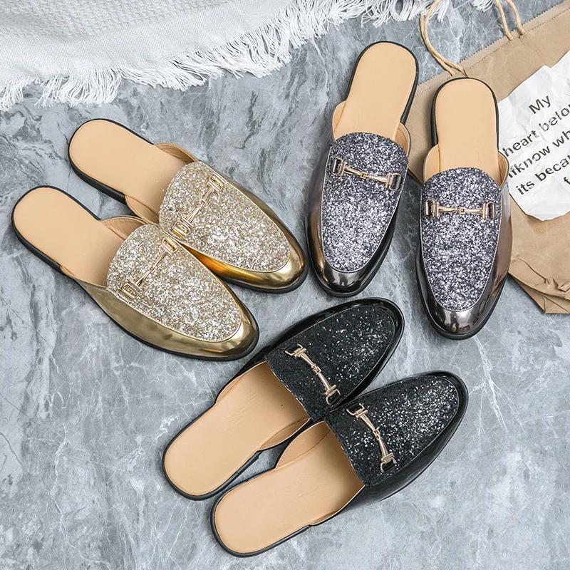 Fashion Breathable Half Back Leather Shoes Men's Half Sequin Shoe Loop Buckle Half Bean Loafers Shallow Mouth Men's Casual Sneakers