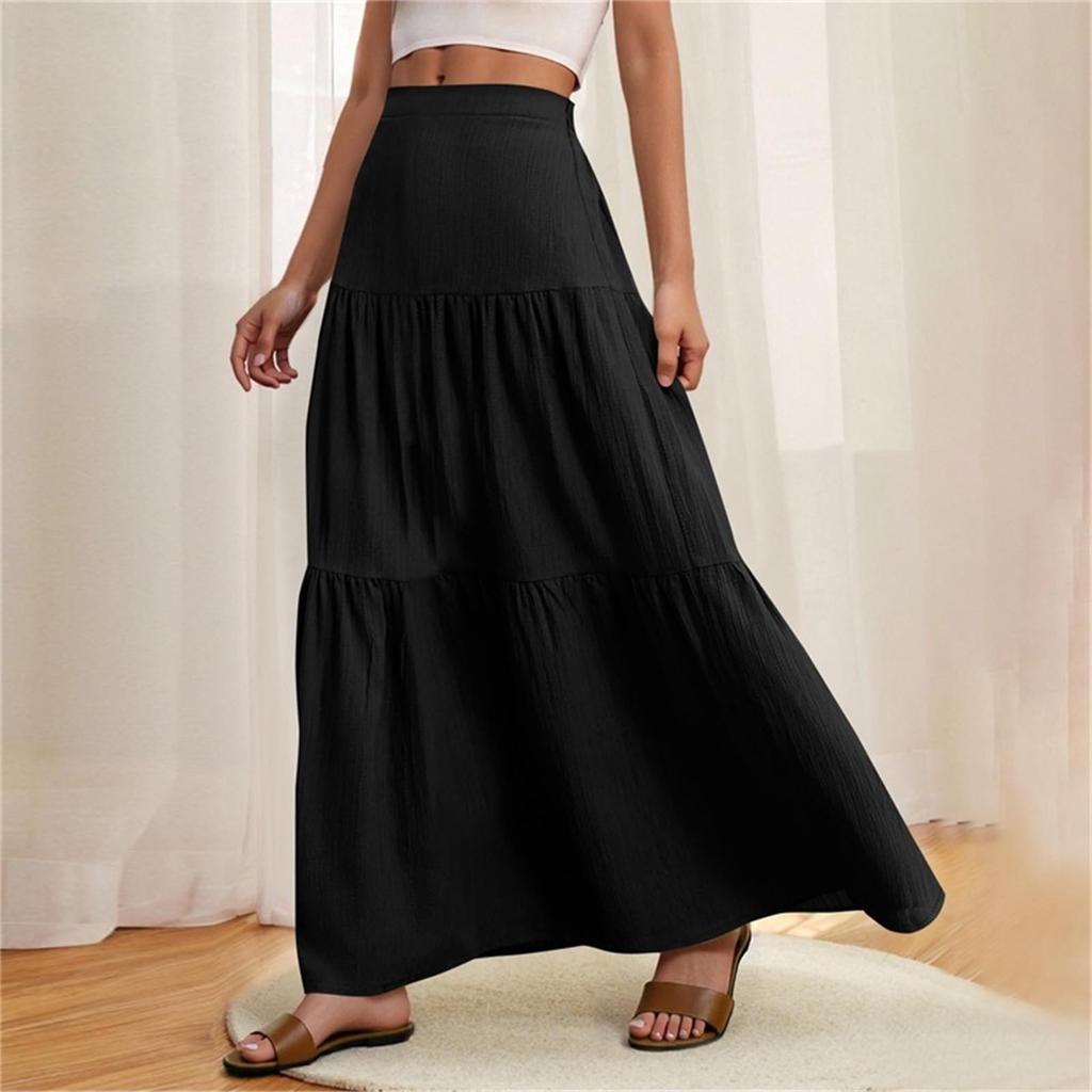 Women Summer Maxi Skirt Boho Ruffle Tiered Elastic High Waist Flowy Casual A-line Long Skirts
