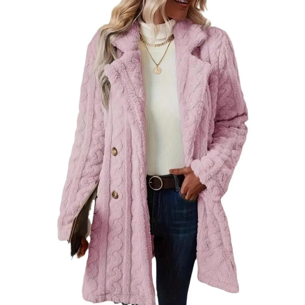 Women Thick Woolen Coats Double Breasted Solid Warm Jackets Midi Length Coat Turn Down Collar Casual Straight Jacket Winter