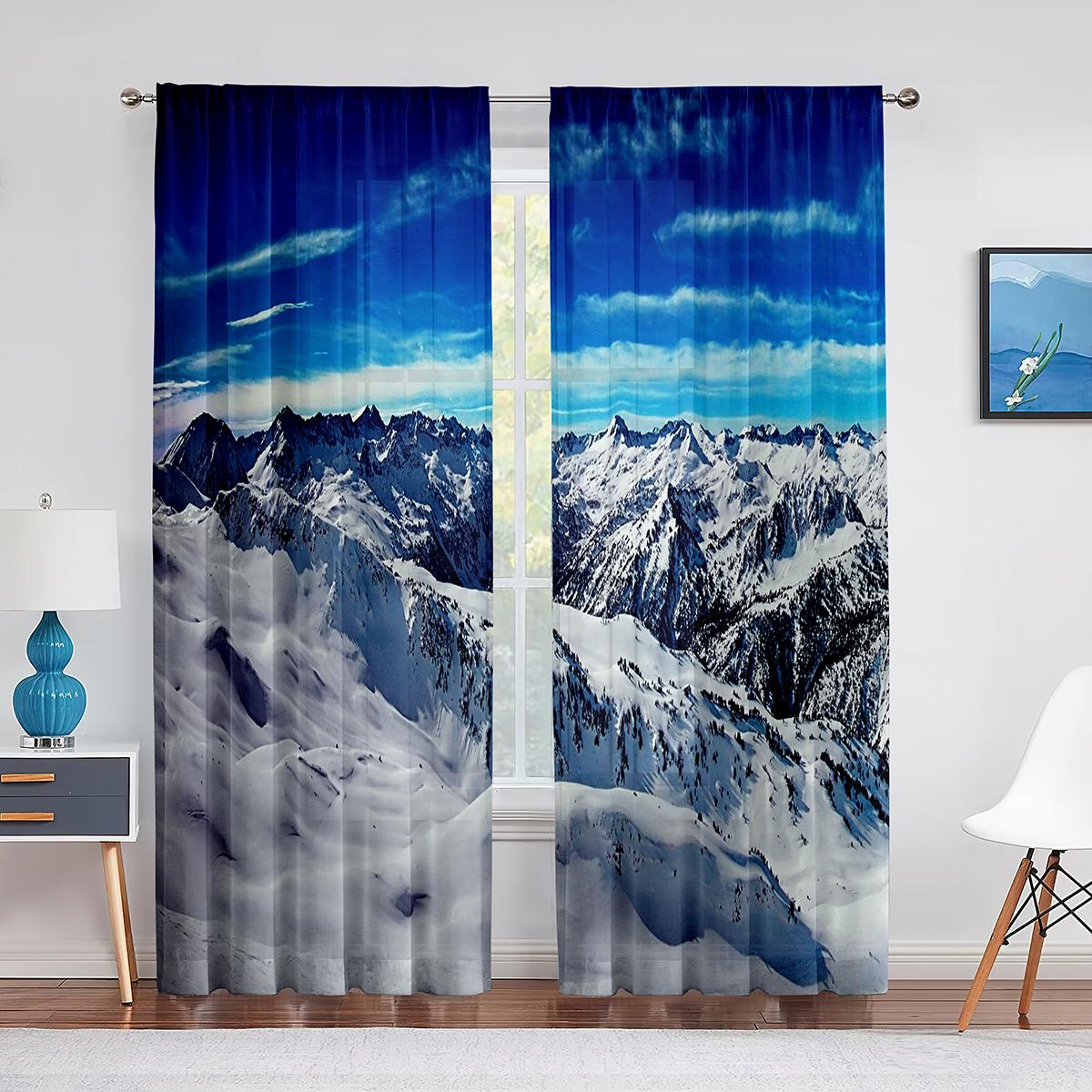 

Сюрреалистические пейзажи холодного сезона, высокие снежные горные вершины, прозрачные шторы из вуали для кухни, гостиной, спальни, тюлевые шторы, декор 1 PCS W100XH250cm&Grommet Top