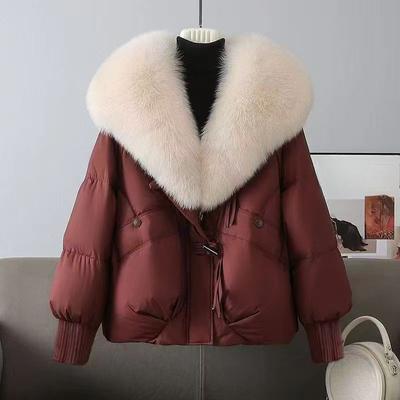 Casaco Curto Acolchoado de Inverno Design Jovem e Moderno com Gola Grande de Pele Jaqueta Quente de Algodão