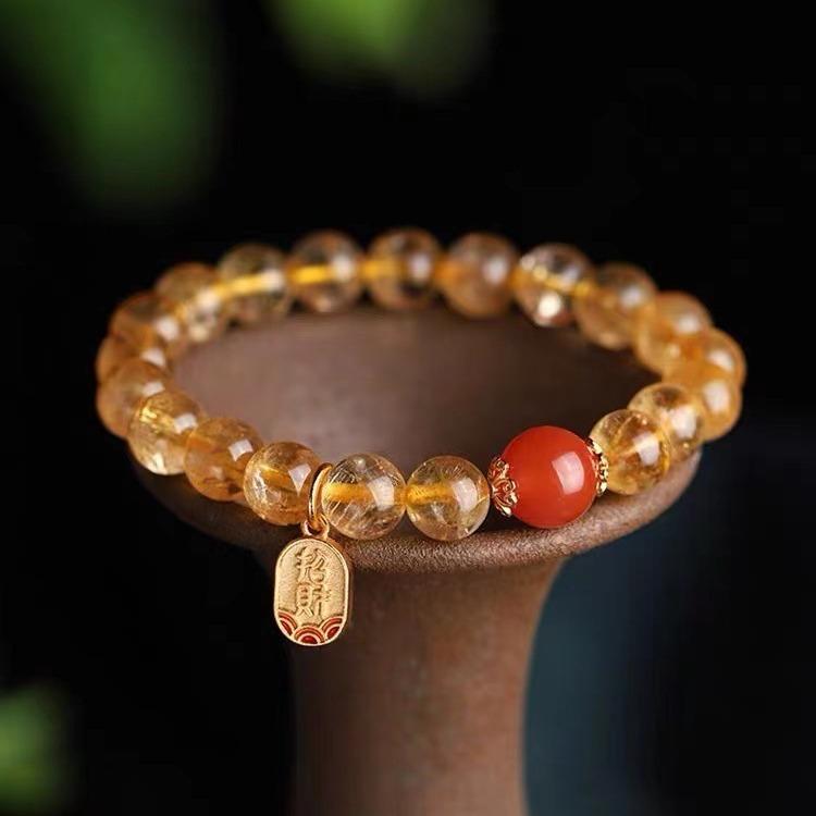 Natural Brazilian Citrine Bracelet for Women, Designer Style with Red Agate Pendant, Simple Design diy Women's yellow citrine bracelet
