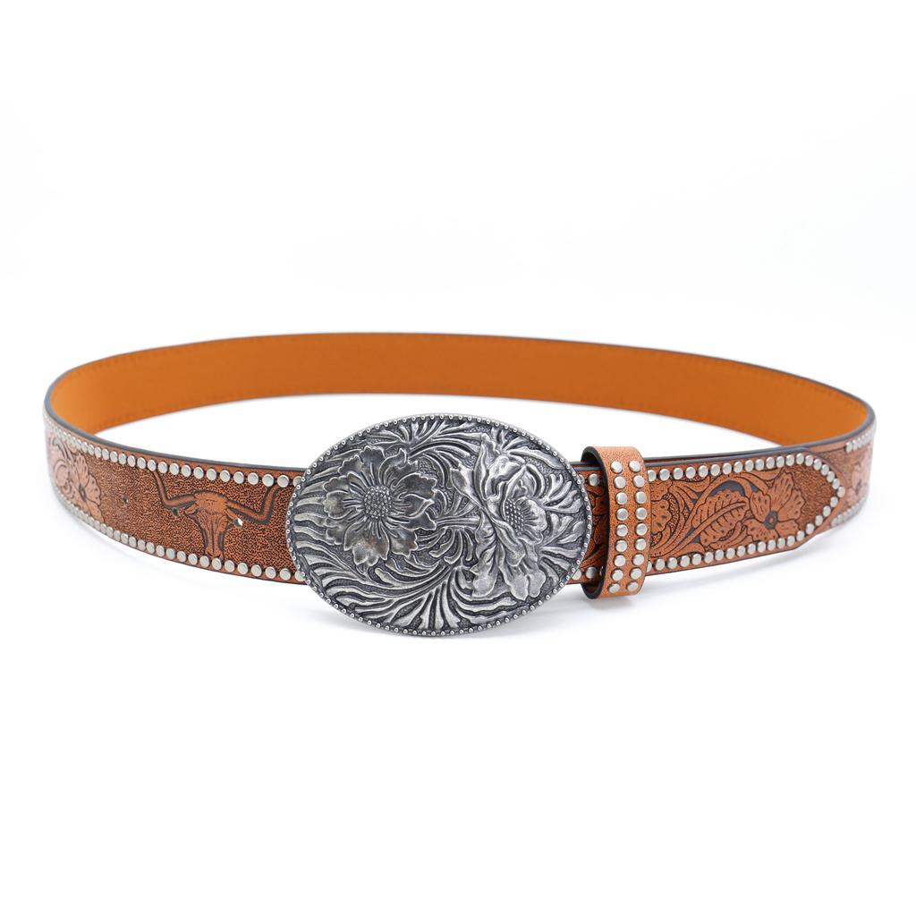 Western Denim Belt Carved Large Board Buckle Vintage Edge Bead Men'S Punk Hip Hop Leather Belt