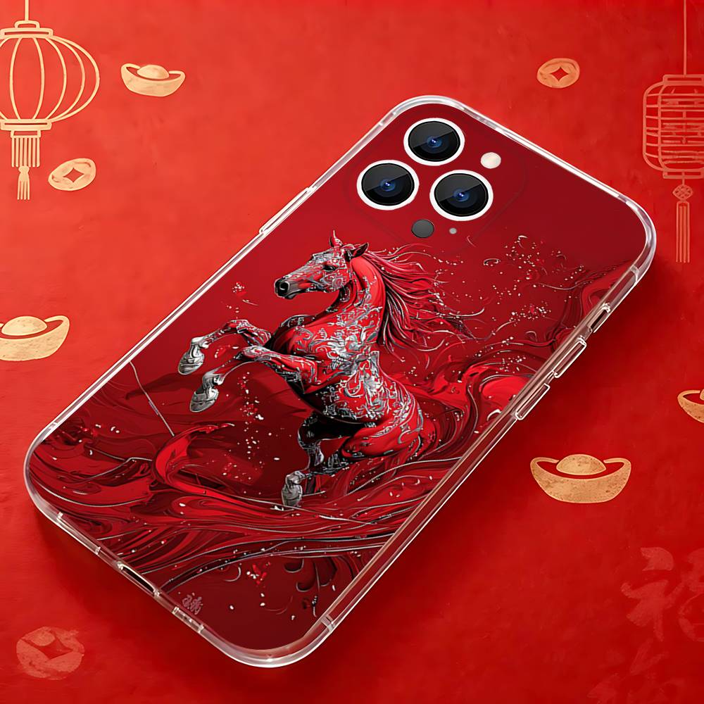Fashion Chinese-Style Red Horse Phone Case for iPhone 16 15 14 13 12 11 17 Plus Pro Max X XR XS Max Soft Clear Tpu