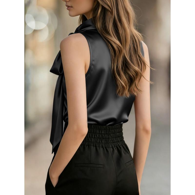 Womens Red Sleeveless Satin Blouse With Bow Neck Detail Elegant Formal Casual Top