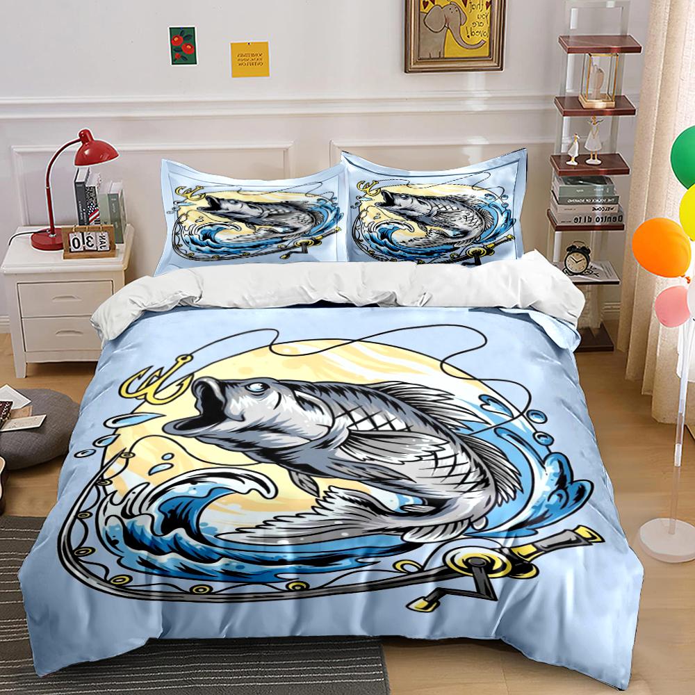 Jumping Fish with Fishing Rod Design Bedding Set (1 duvet cover, 2 pillowcases, duvet not included) sofas