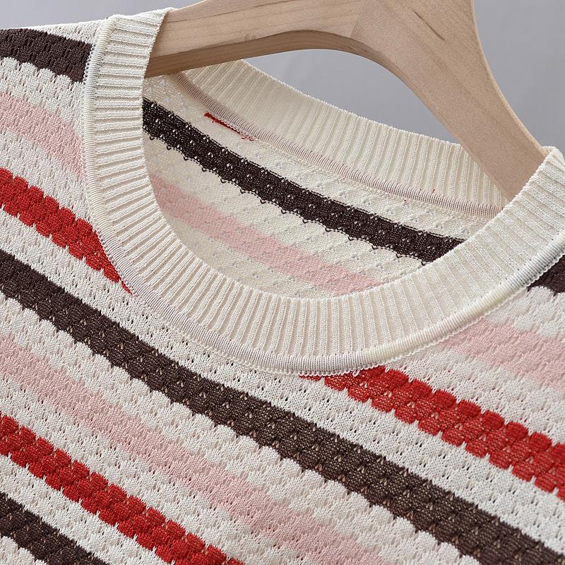 Summer Outfit Pullover Round Neck Striped Ice Silk Half Sleeved Plus Size Women's T-shirt