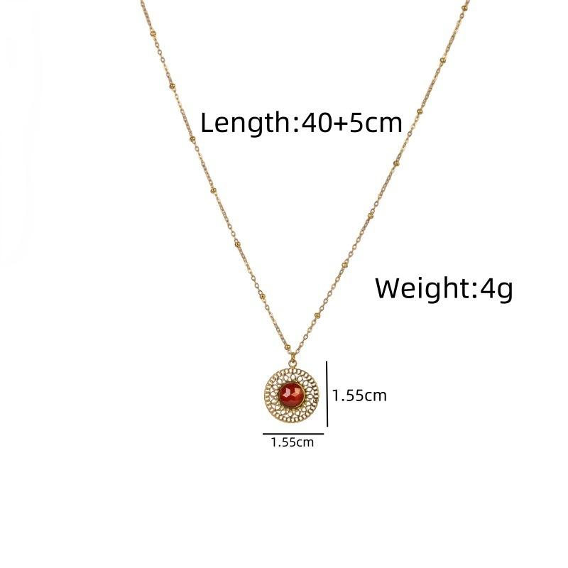 Vintage Stone Pendant Necklace - Hollow Red Agate Stainless Steel Adjustable Chain with Bohemian Charm