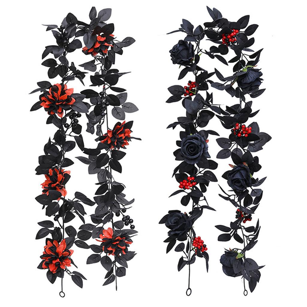 Artificial Black Rose Vine For Halloween Decor Vintage Faux Flowers Decor Red Berries Plant Garland For Outdoor Home Wall Decor