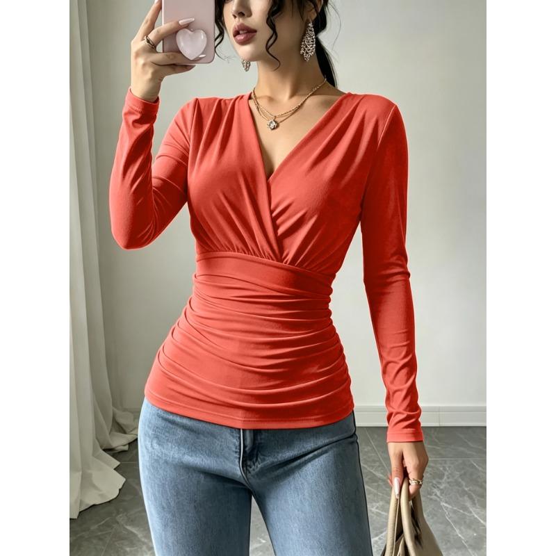 Women White Deep V Cross Front Waist Ruched Slim Long Sleeve Fitted Basic Top