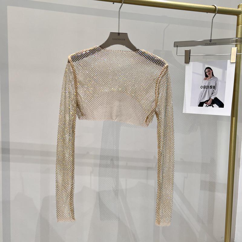 Sparkling Mesh Diamond Sun Protection Long Sleeve Party Top