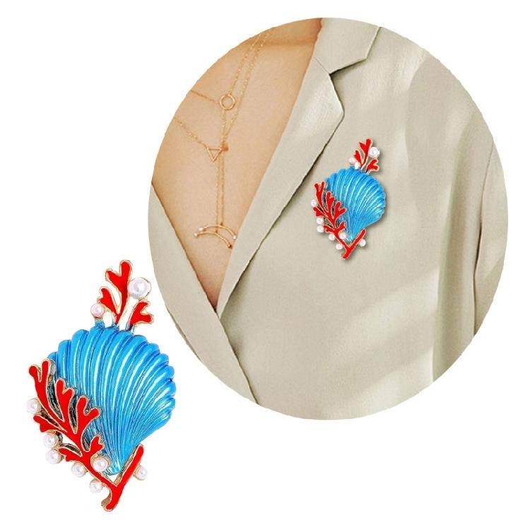 Vintage Style Shell Coral Brooch Pearls Accent Enamel Detailing Alloy Statement Jewelry Handmade Gift For Her