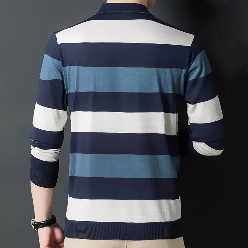 Męska koszulka z długim rękawem, dzianina, swobodny wzór w paski, swetry