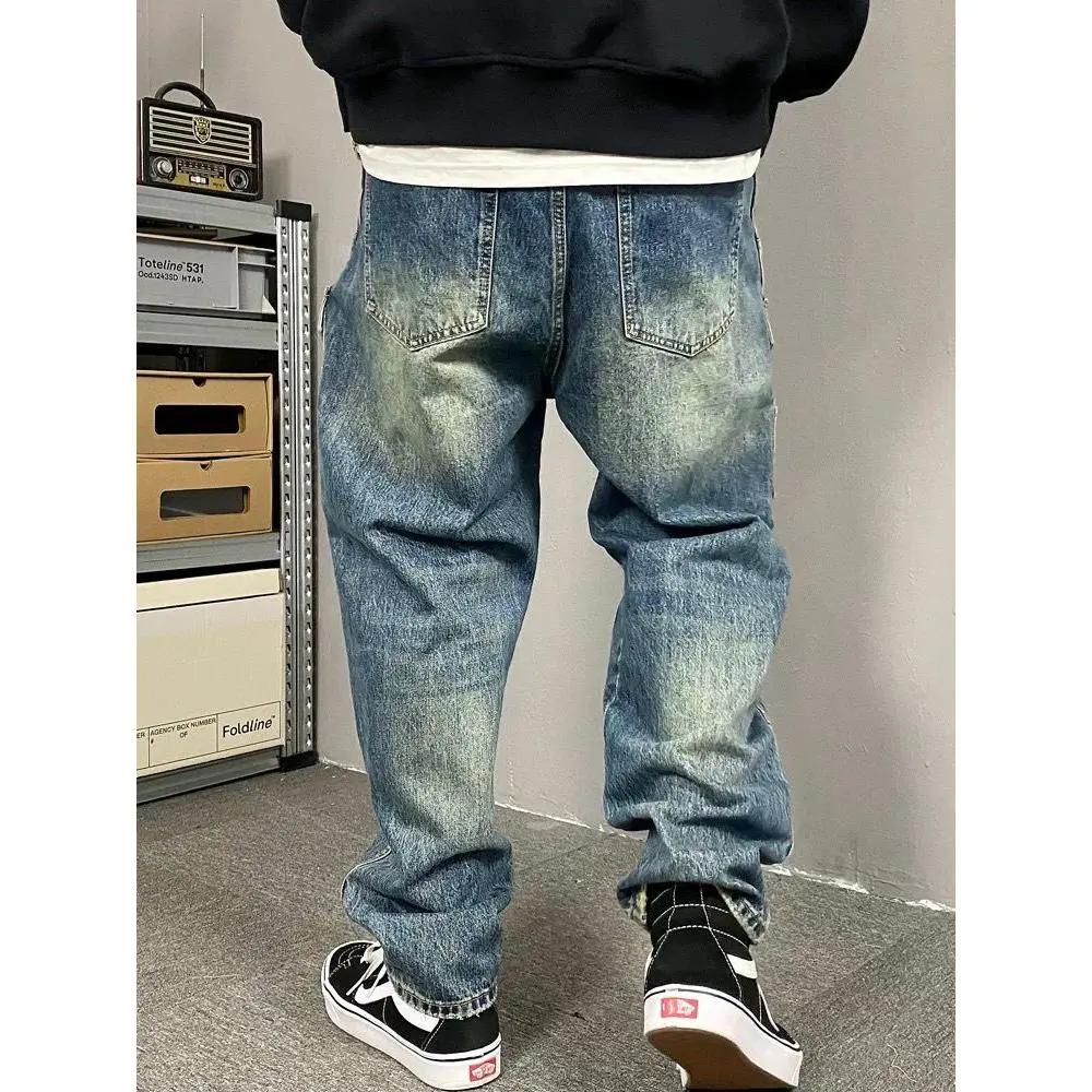 Men Autumn and Winter Vintage Casual Denim Jeans Design Loose Straight Embroidery Handsome Pants