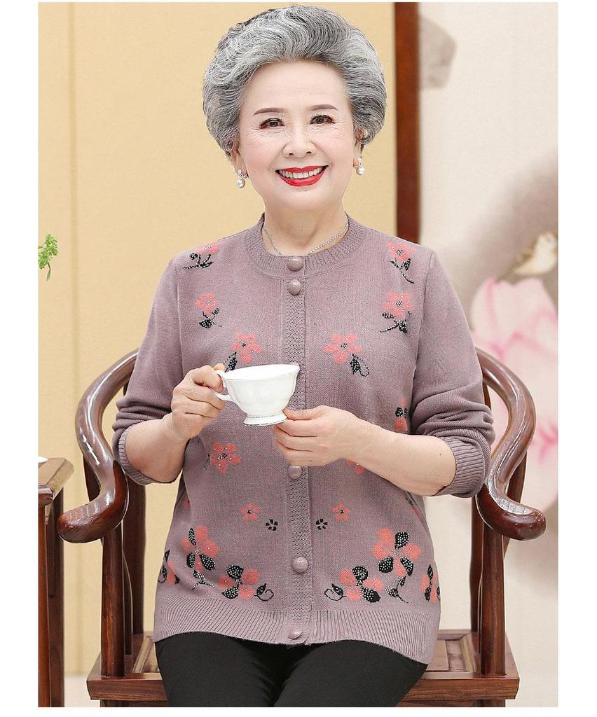 Middle-aged and Elderly Women's Spring and Autumn Sweater Knitted Cardigan Mom Clothing Grandmother Warm Coat Autumn and Winter Tops