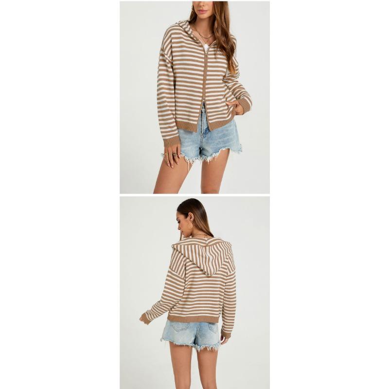 Women S Striped Hooded Zip Knit Cardigan Loose Fit Long Sleeve Sweater