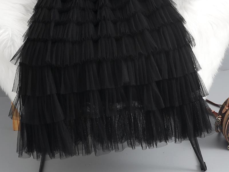 Autumn/Winter Layered Mesh Pleated High-Waisted Fluffy Long Skirt