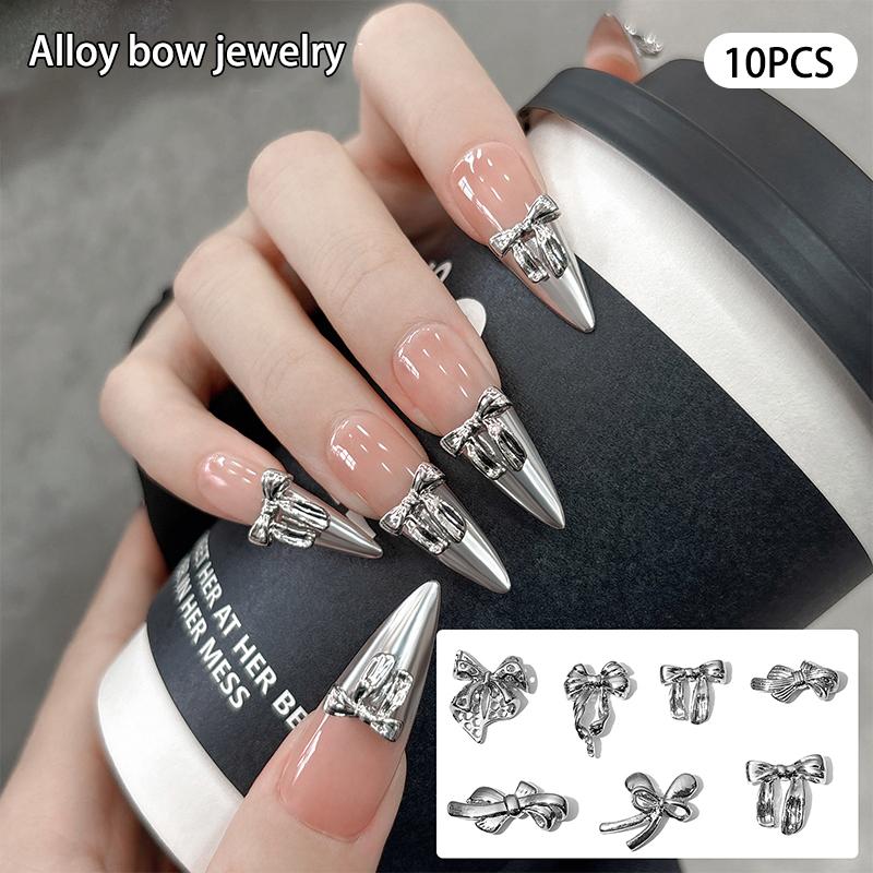 10 Pcs Glossy Silver Ribbon Nail Art Charm 3D Metal Alloy Bows Silk Ribbon Nail Decoration Diy Retro Metallic Nail Accessories