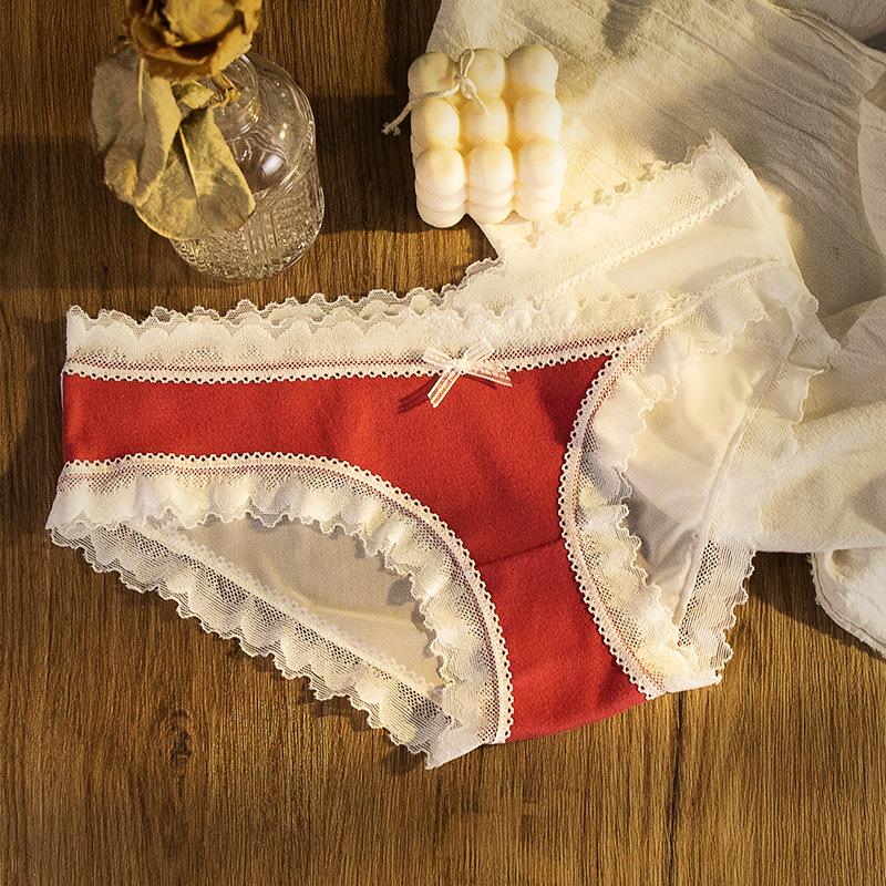 Damtrosor med färgblock och spetsrygg - Sexiga, söta, låg midja, andningsbart mesh med gren i ren bomull