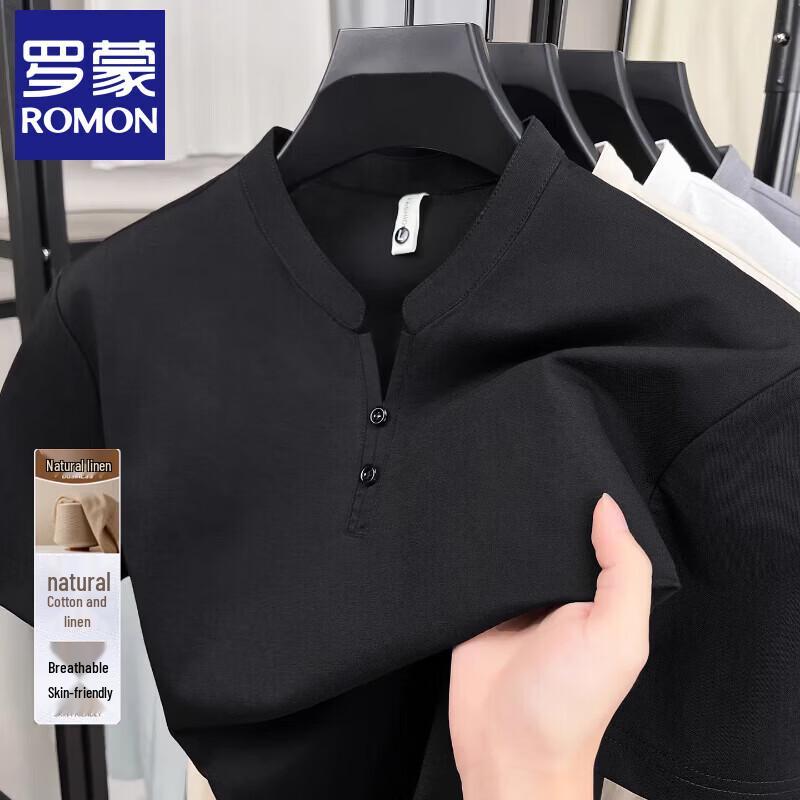 

Romon 2026 Summer Men s Henry Collar Wrinkle-Free T-Shirt XL
