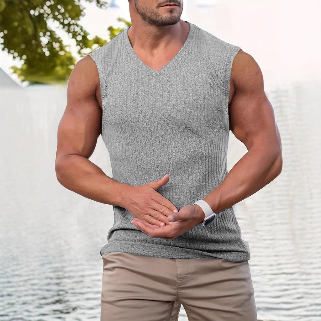 Summer Knitted Vertical Bar Fitness Sports Leisure Slim Fit Tank Top For Men Sleeveless Wide Shoulder Tank Top For Men