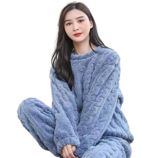 2 Pcs/Set Unisex Winter Pajamas Set Round Neck Solid Color Thickened Coral