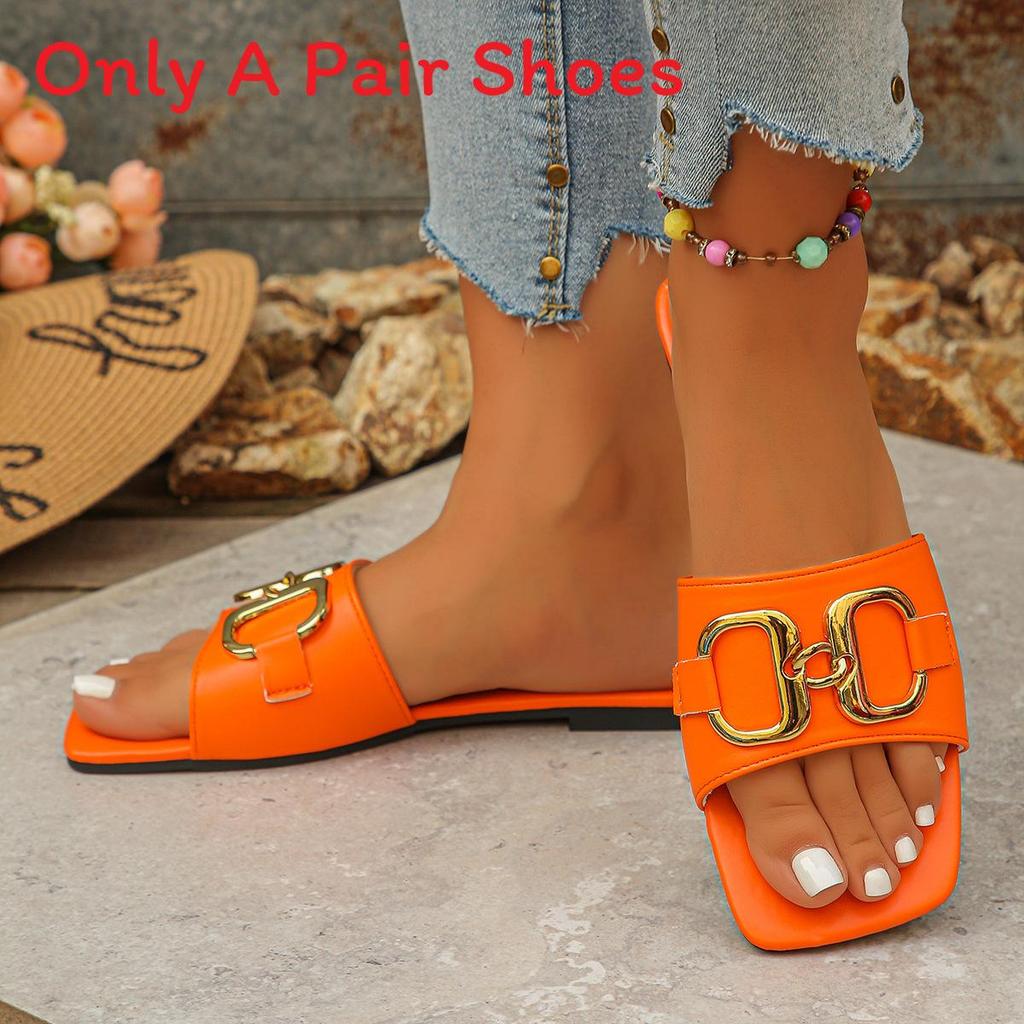Metal Chain Flat Sandals For Women Summer Casual Nonslip Rubber Sole Comfortable Shoes