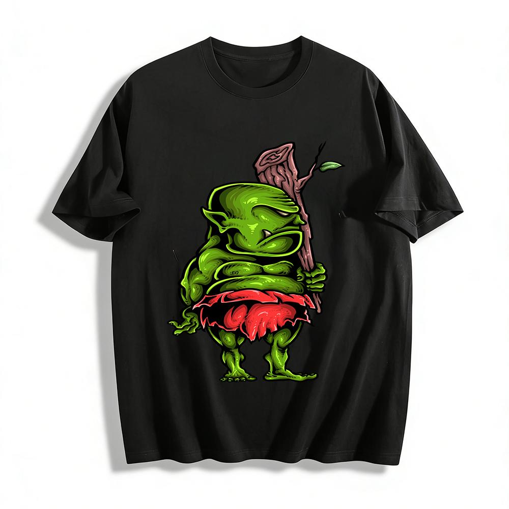 

Retro Fantasy Grumpy Green Goblin Print Casual Loose Tee Shirt Pure cotton T-shirt 6XL