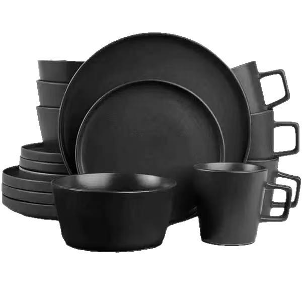 16-Piece Nordic Black Ceramic Stoneware Tableware