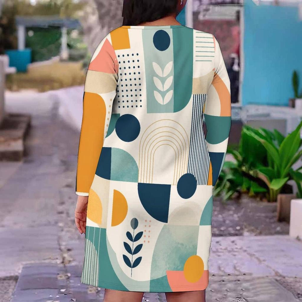 Damen Übergröße V-Ausschnitt Langarm Bedrucktes Geometrisches Polka Dot Gerades Midi-Kleid